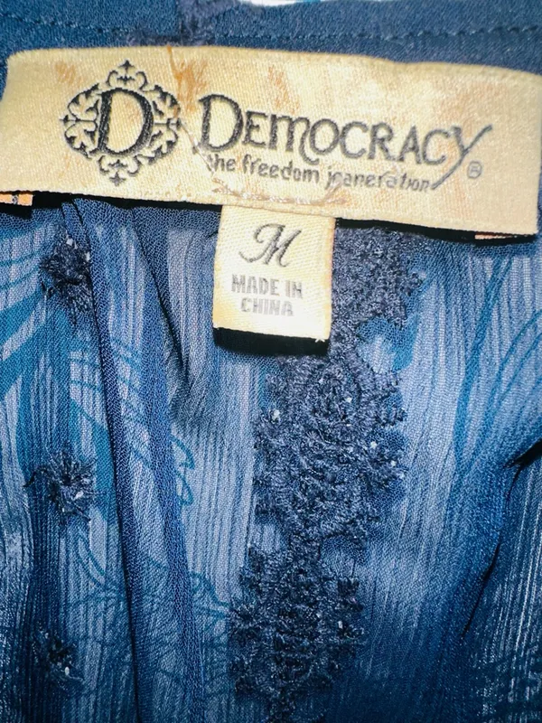 Democracy Navy Blue Sheer Embroidered V-Neck Blouse - Image 5