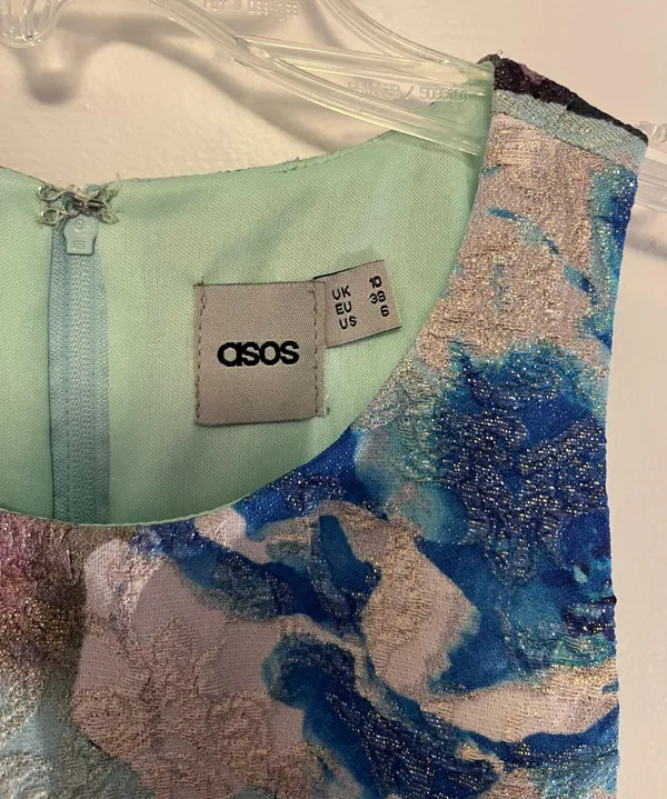 ASOS Teal Floral Gold Jacquard Dress - Size 6 - Image 3