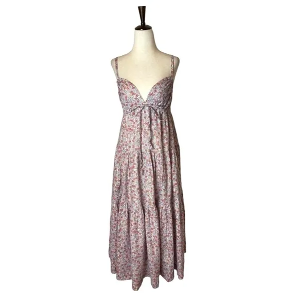 Rebecca Taylor La Vie Pink Metallic Gold Thread Floral Print‎ Eva Midi Dress S - Image 3