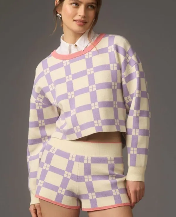 Anthropologie Daily Practice Plaid Purple & White Long-Sleeve Cropped Sweater M - Image 3