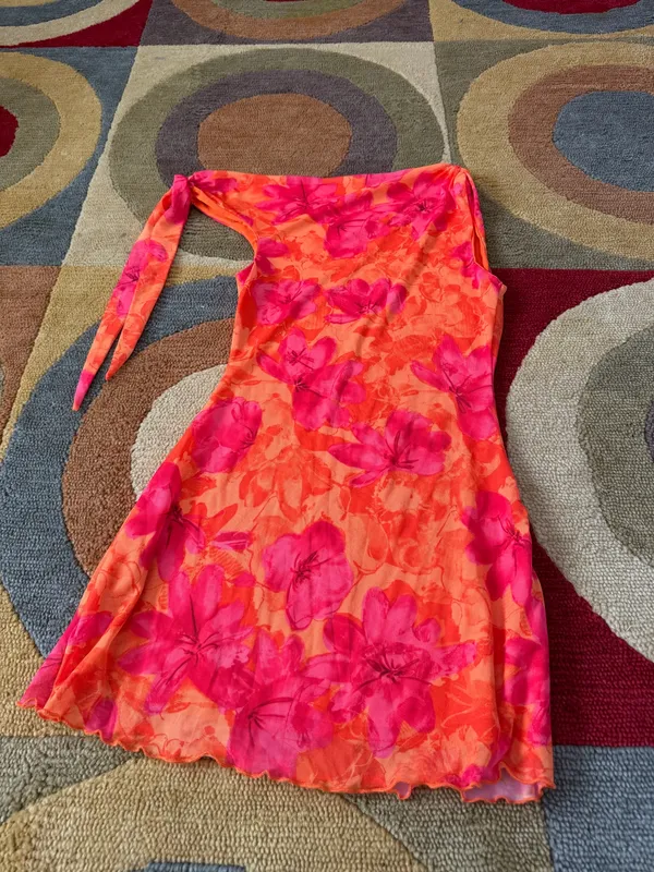 Shein Floral Print Tropical Very Short Mini Dress Mesh Tie Sleeve Women’s Small - Image 5