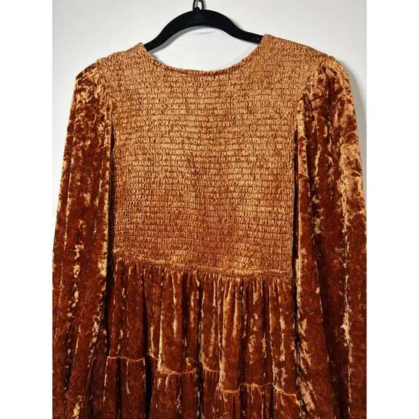 Flying Tomato Mini Dress Copper Crushed Velvet Smocked Fall Holiday Size M - Image 2