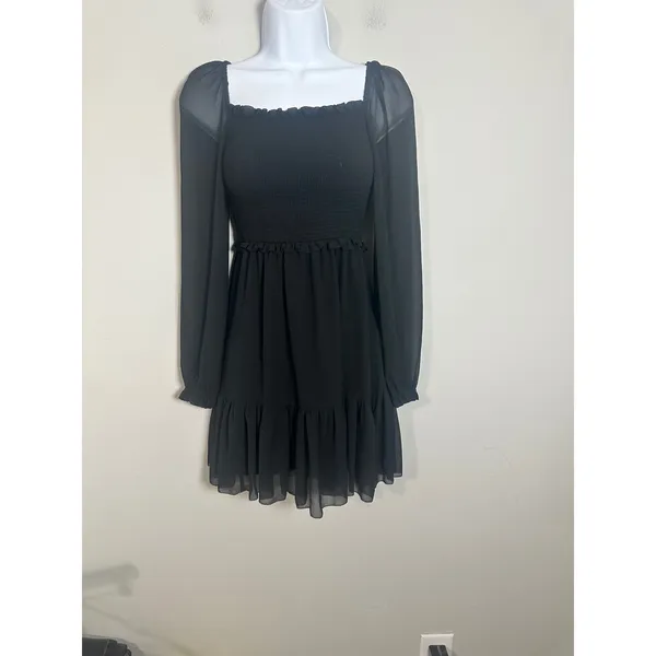 Aritzia Wilfred Black Tempest Chiffon Smocked Mini Dress Sheer Sleeve Size XS - Image 4