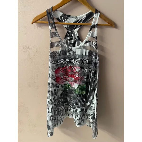 Vtg Y2K Papaya Sheer Striped Rhinestone Floral Animal Print Graphic Tank Sz S - Image 9