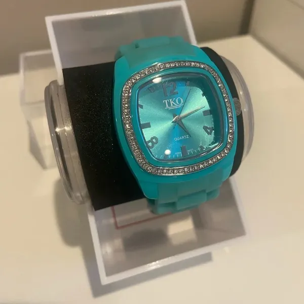 TKO Square‎ Face Watch with Silicone and Rhinestones Aqua Blue EUC - Image 3