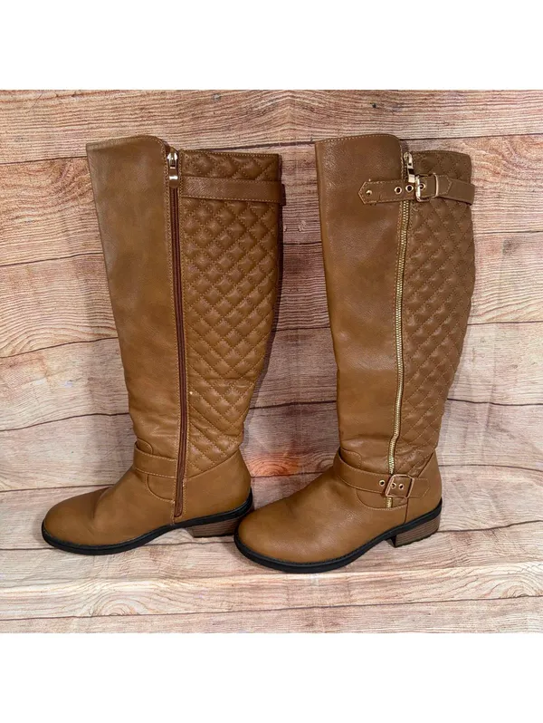 Dream Paris Women’s Knee High Riding Boots Size 9 Tan Quilted Buckle Zip - Image 2