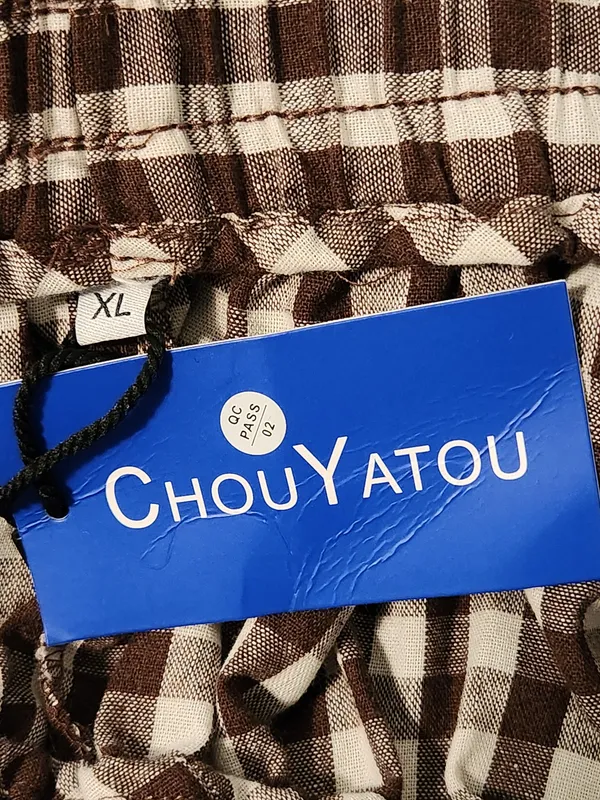 Chow Yatou Brown and Cream Gingham Check Wide Leg Cropped Pants Size XL NWT - Image 11