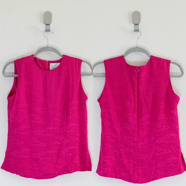 Vintage 90s Hot Pink 100% Silk Cloud Print Wide Strap Tank Top Blouse Size S - Image 2