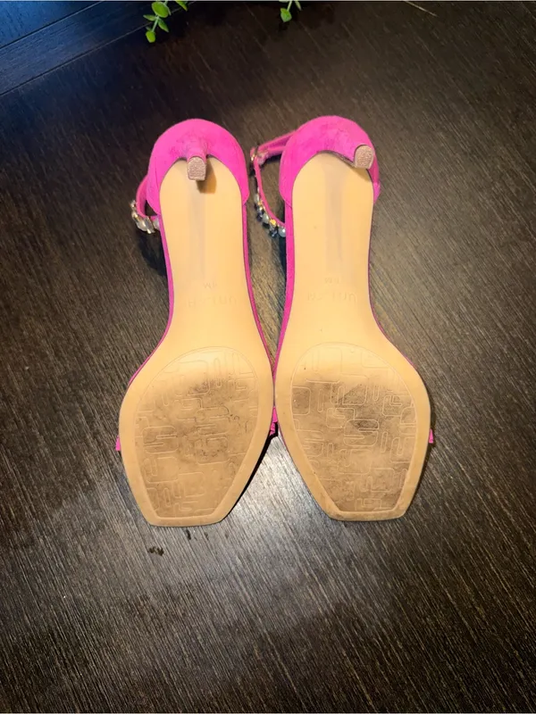 Unisa Hot Pink Rhinestone Pearl Heels Strappy Square Toe Sandals - Image 4