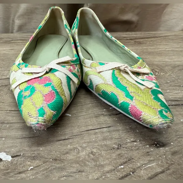 Vtg Prada SS2003 Green‎ Brocade Flat Shoes 37.5 - Image 6