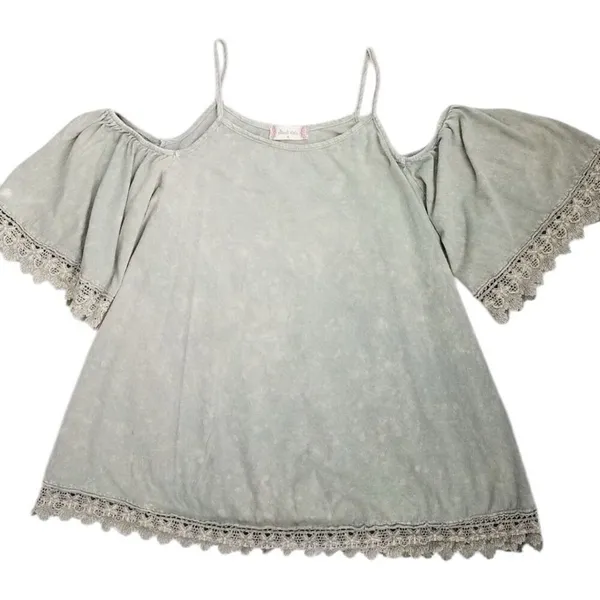 Womens Altard State Sage Green Acid Wash Cold Shoulder Lace Hem Top Blouse Sz M - Image 2