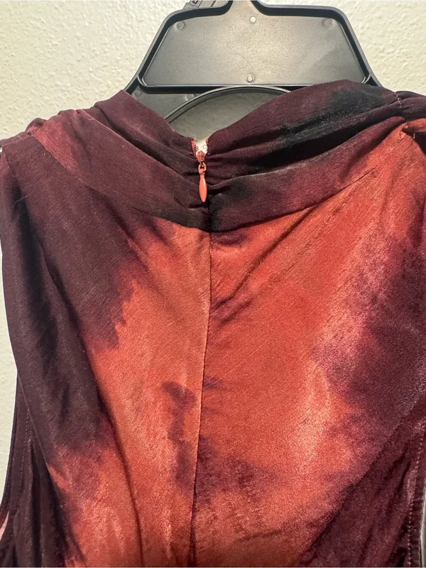 DKNY Sleeveless Tie-Neck Midi Dress in Burgundy and Coral Wash - Image 8