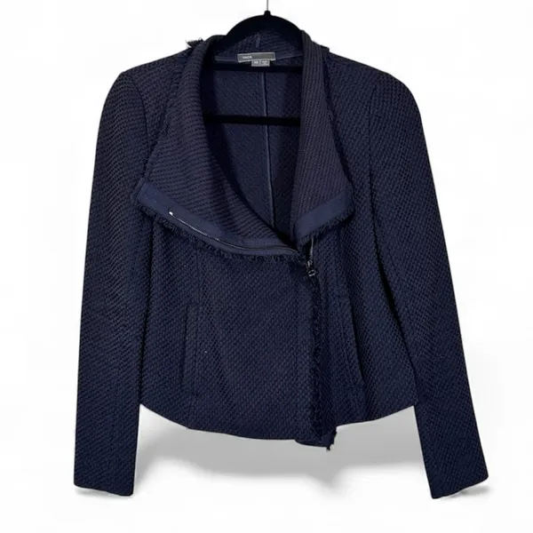 Vince Navy Blue Tweed Asymmetrical Zip Blazer Jacket Womens XS Preppy Classic - Image 2