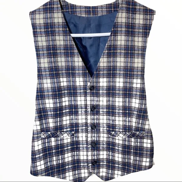 Pendleton Wool Vest 5 Button Down Pockets Plaid Navy Blue Cream Small 34R - Image 2