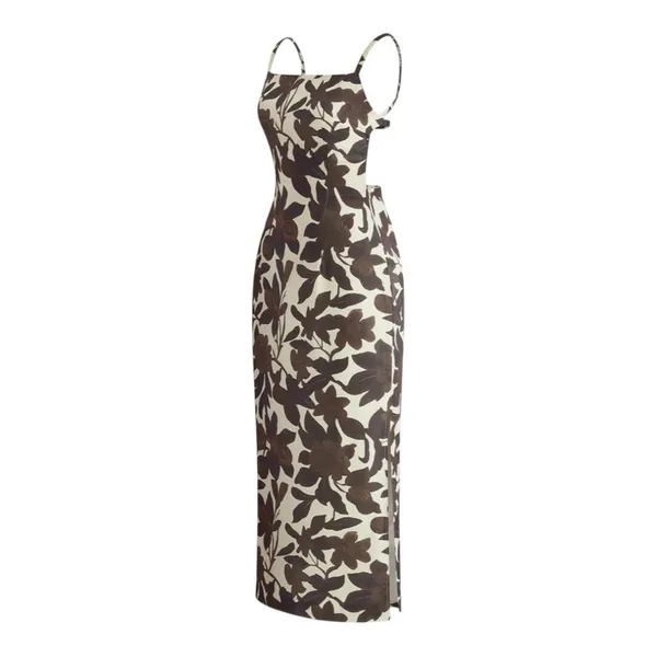 COMMENSE Backless Print Split Zipper Dress COLOR - Brown, Size Small NWT - Image 4