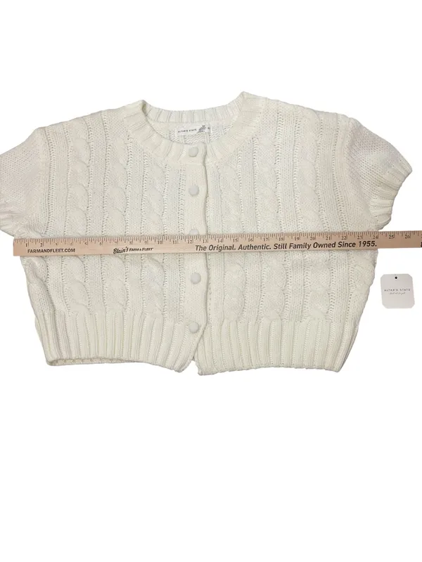 Altar'd State Ivory Short Sleeve Cable Knit Cropped Button Cardigan - Image 3