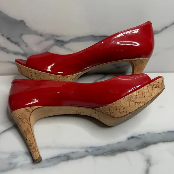 Via Spiga Women's Red Patent Leather Cork Platform Peeptoe Heels Sz 9.5 FLAW - Image 5