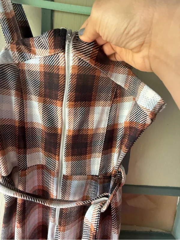 Almost Famous Brown & White Plaid Belted Jumpsuit - Image 5