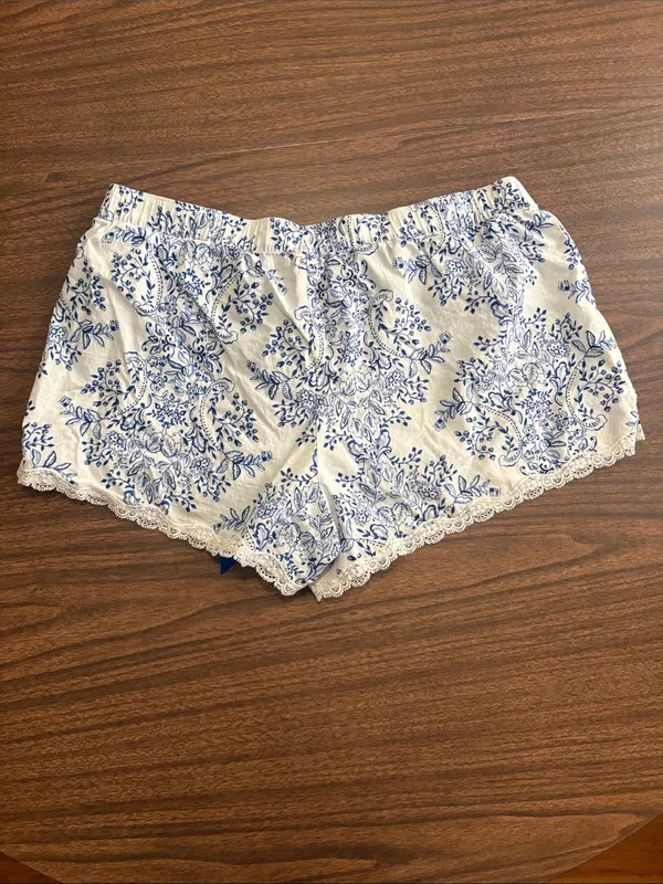 Victoria's Secret Medium White and Blue Floral Lace Trim Pajama Shorts - Image 2