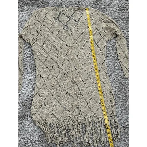 Womens Crochet Knit Cardigan Long Duster Metallic Beige Fringe Boho Cover Up L - Image 12