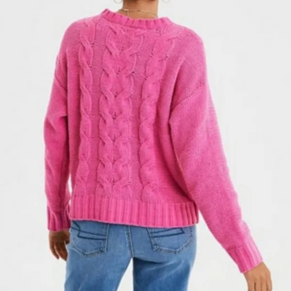 AMERICAN EAGLE AEO AE Chenille Cable Knit Sweater Bright Pink Barbie Oversized L - Image 4