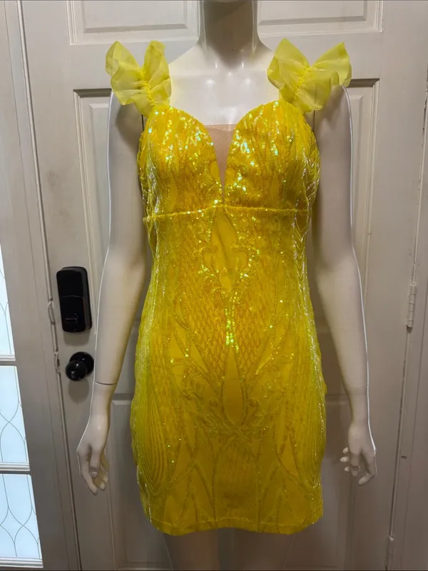 Banjul Yellow Sequin Ruffle Strap Mini Dress - Image 3