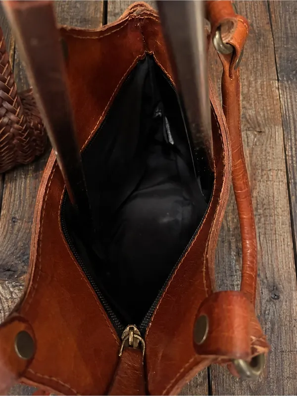 NWOT- Vintage Genuine Tooled Leather Whipstitched Mini Tote Bag Cognac - Image 5