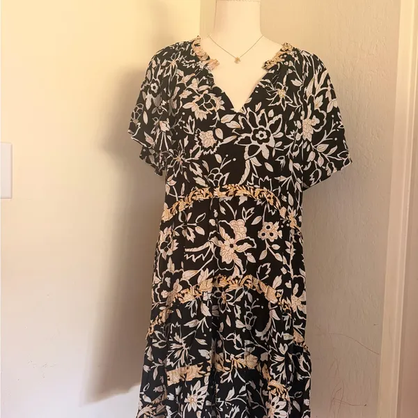 Anthropologie Black Floral Mini Dress with Beige Trim - Image 12