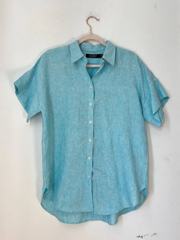 Lauren Ralph Lauren Blue Striped 100% Linen Button Down Blouse Women's Medium - Image 3