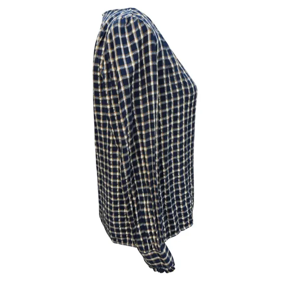LOFT Navy Blue Mustard Yellow Plaid Long Sleeve Blouse Small‎ - Image 3