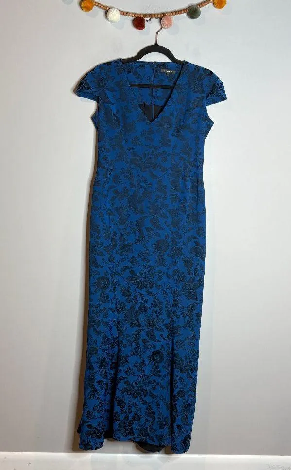 Zac Posen blue and black floral jacquard cap sleeve gown - Image 2