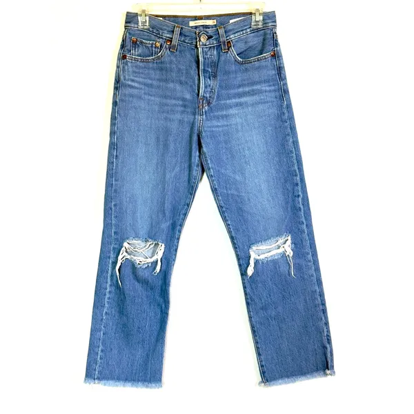 Levi’s Premium Wedgie Straight Jeans W26 L26 Blue Distressed Raw Hem Button Fly - Image 2