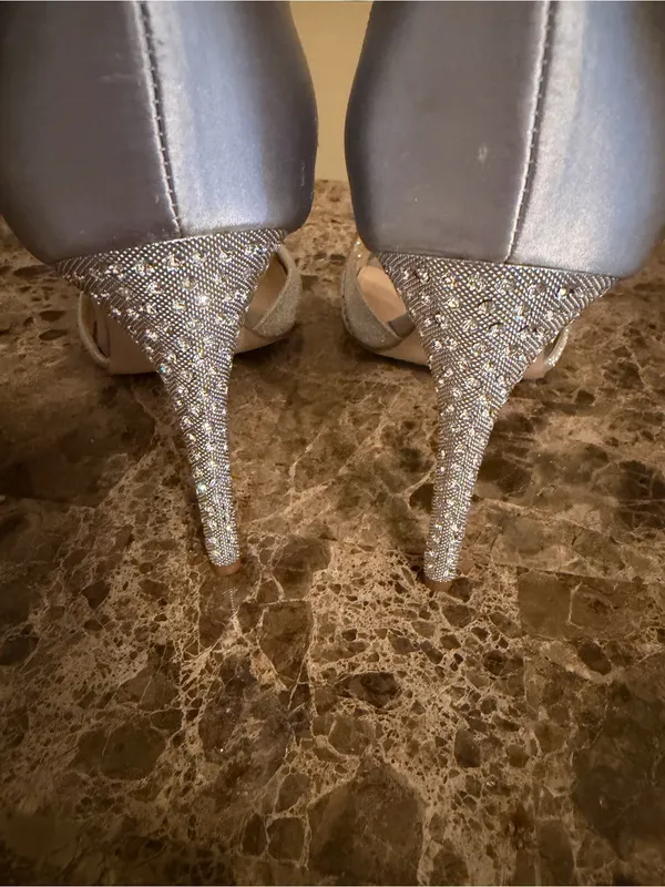 Jewel Badgley Mischka Silver Crisscross front Ankle-Strap Rhinestone Heels - Image 5