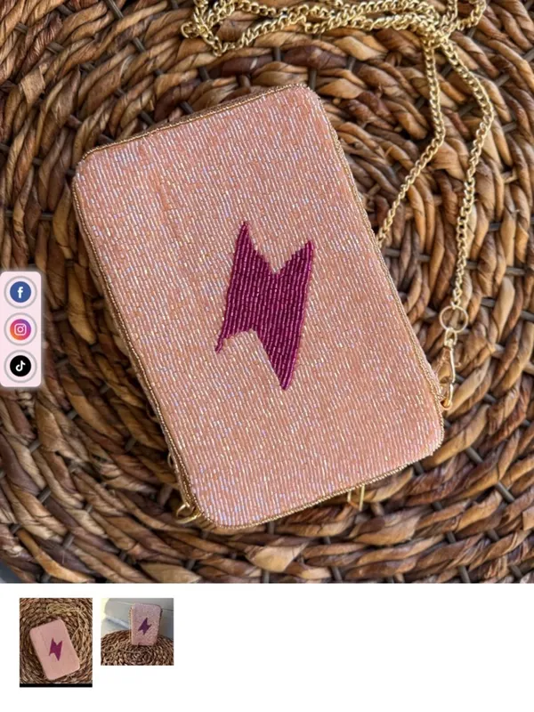 Beaded Pink Crossbody Clutch with Magenta Lightning Bolt - Image 2