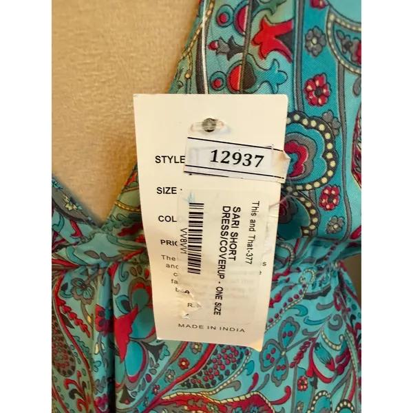 IndiaBoutique Sari Short Dress Coverup Paisley Turquoise Red OneSize boho resort - Image 5