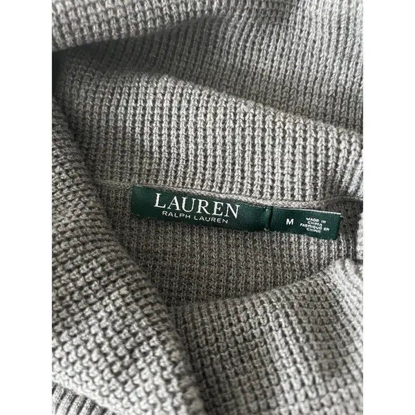 Lauren Ralph Lauren Gray Cotton Waffle-Knit Cowl Neck Logo Pullover Sweater Med - Image 4
