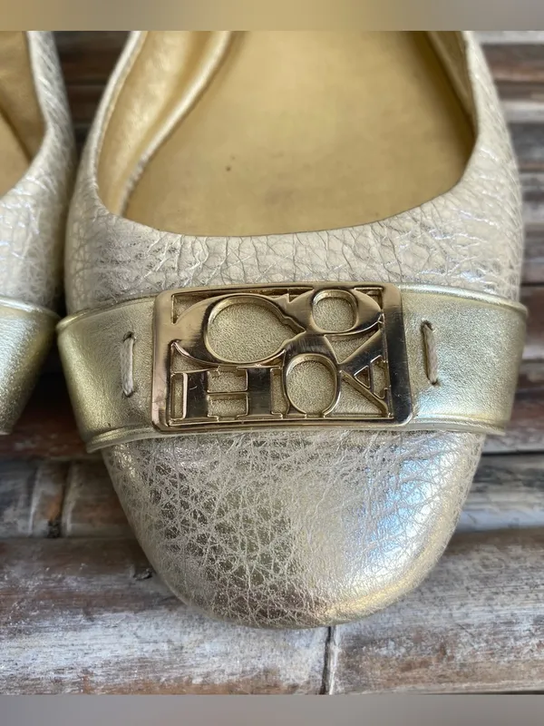 Coach Plaze ballet flats gold metallic crackle texture classic fall work office - Image 2