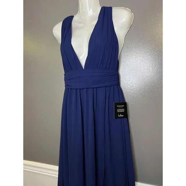 Lulus Dress Womens XS Blue Chiffon Plunge V Neck Maxi Side Slit Formal Gown - Image 5