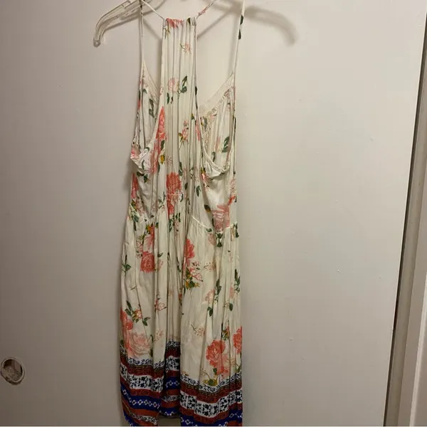 Chloe K Womens Mini Dress XL 38” Beige Pleated Floral Boho Print Blue Orange - Image 7