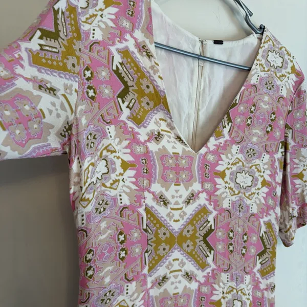 Free People Mini Tunic Dress‎ Sz Medium Pink Printed Short Sleeve V-neck Lined - Image 2
