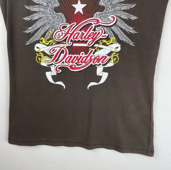 Vtg Y2K Harley Davidson Sleeveless Top Logo Graphic Brown Sz Large - Image 6