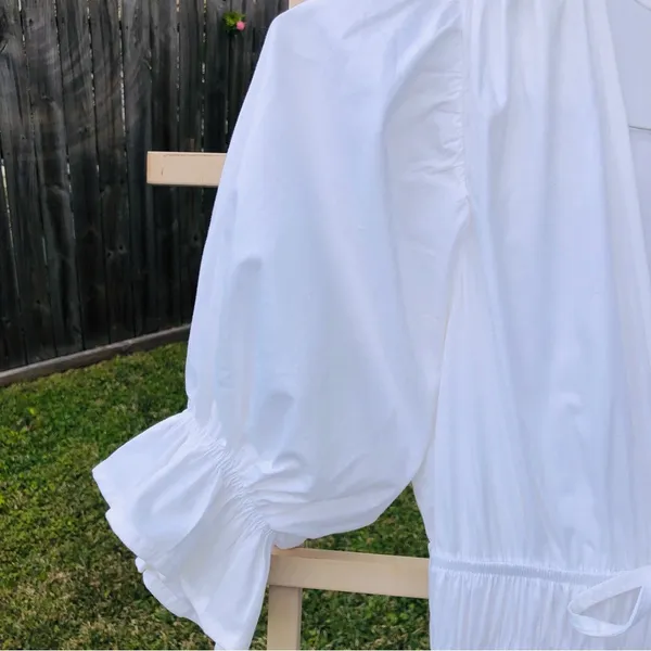 White Cotton Blend Tiered Puff Sleeves Maxi Dress M - Image 4