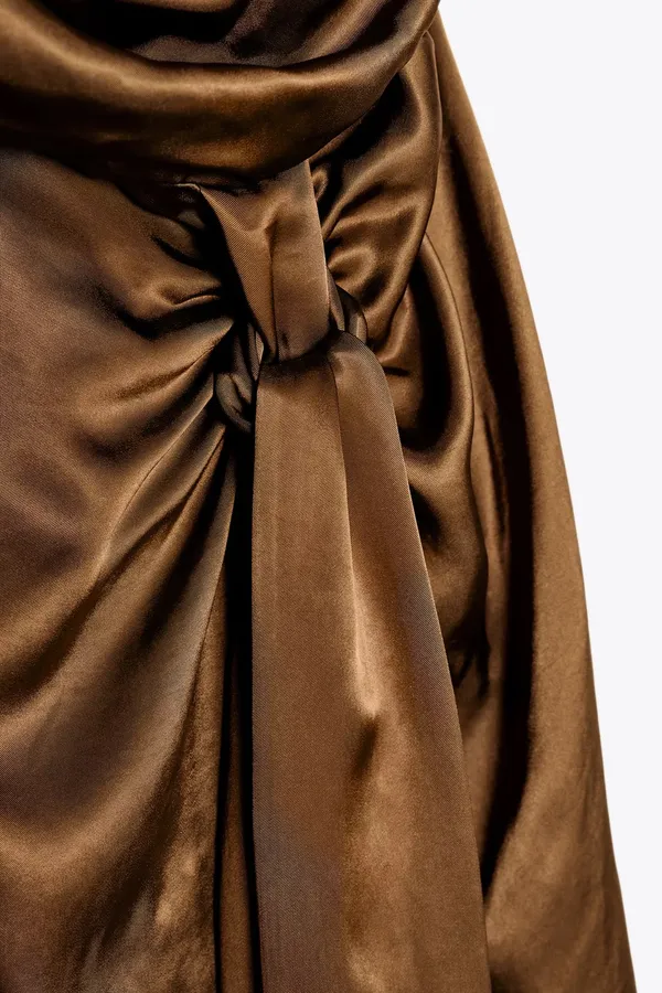 Zara Brown Satin maxi long Dress evening party holiday wedding cocktail gown - Image 8