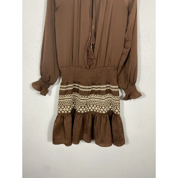 Shyanne Brown Western Embroidered Smocked Mini Dress Long Sleeve Tassels Size M - Image 4