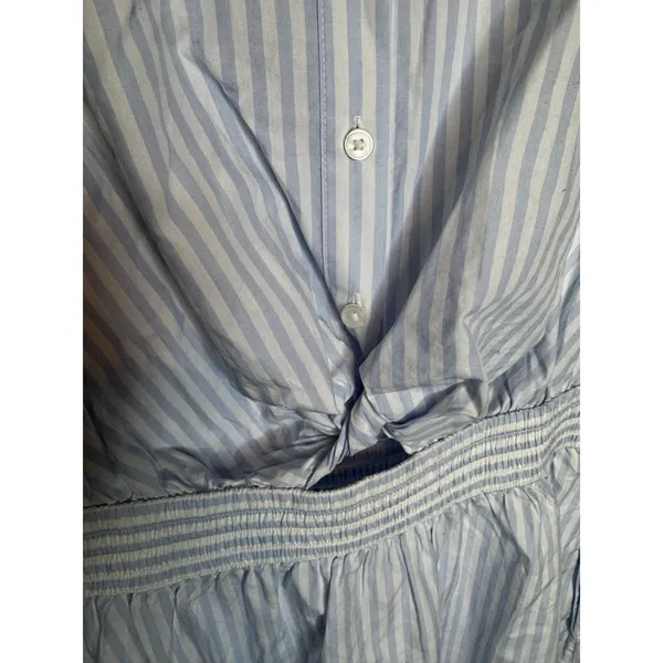 Loft Blue White Striped Midi Dress Puff Sleeve Button Front Tie Waist Size S - Image 7