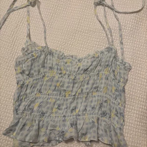 Blue and yellow gingham crop top with lemon print. Multiple Size M - Image 2