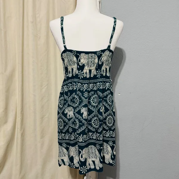 Boho Elephant Print Sundress Dress Size‎ S Teal Cream Smocked Back Mini Thailand - Image 5