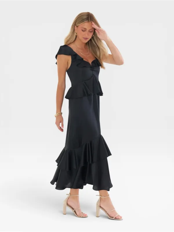 Show Me Your Mumu Reese Ruffle Black Satin Maxi Dress XS NWT - Image 2