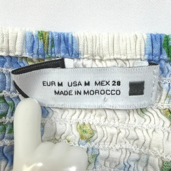 Zara Linen Blend Floral‎ Crop Top Puff Sleeve Smocked White Blue Women's M - Image 4