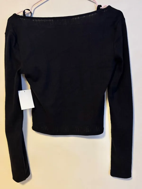 Sugar Moon Layered Look Pointelle Knit Long Sleeve Crop Top Shirt Black Medium - Image 3